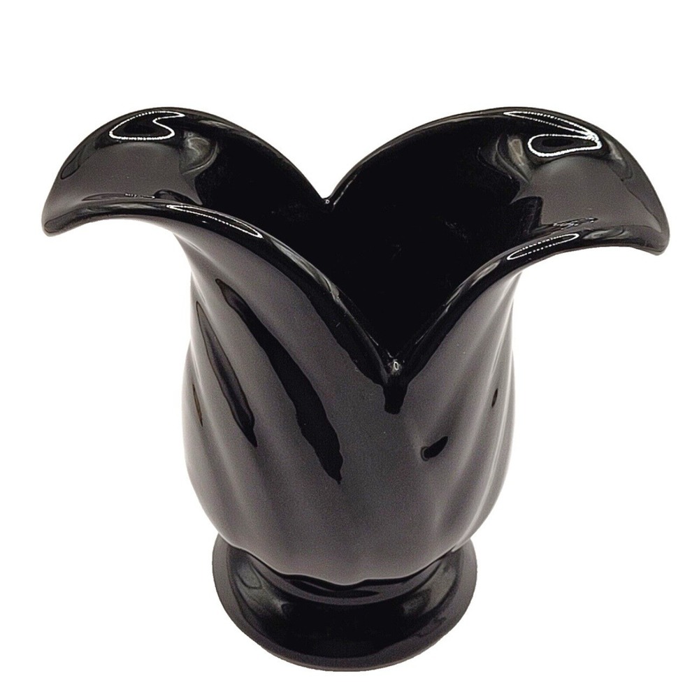 Vintage Black Amethyst Glass Tulip Vase Flared Rim Pedestal Base Decorative Art